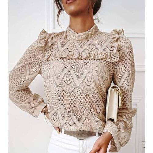 Elegant Womens Shirt Lace Ruffles Long-Sleeved Hollow Out Pullover Top Spring Fall Elastic Party Round Neck Blouse Clothes