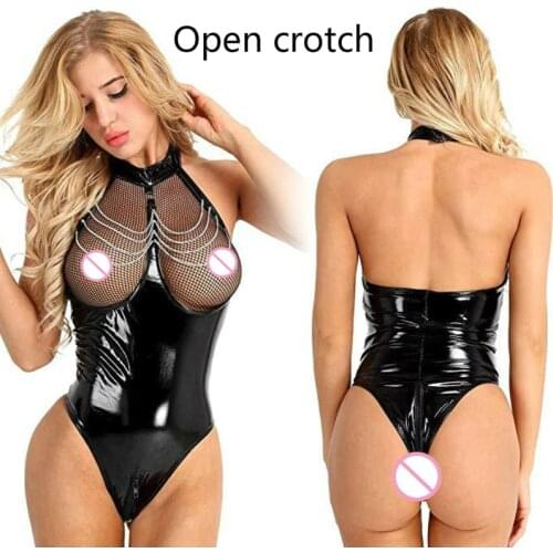 Erotic Crotchless Latex Catsuit Fishnet Clothing Open Crotch Jumpsuit Patent Leather Breast Exposing Bodysuit Sexy Lingerie