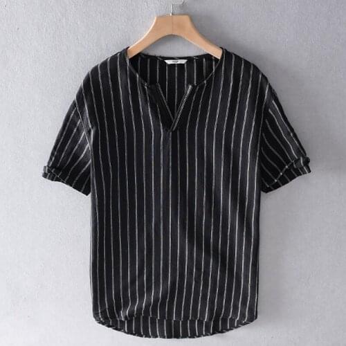 New 100% Linen black t shirt men brand casual t-shirt for men short sleeve stripe t shirts male fashion summer tshirt mens