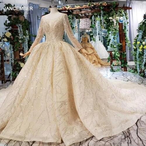 HTL539 Champagne Gold Wedding Dresses With Train O Neck Long Sleeve Ball Gown Lace Wedding Gowns Vestido De Noiva 2021 Luxo
