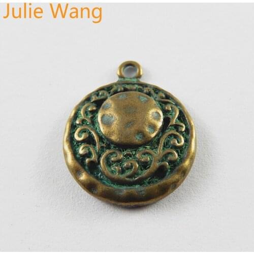 Julie Wang 10PCS Zinc Alloy Antique Bronze Green Round Charms For Jewelry Making Pendants Necklace Findings Components Accessory