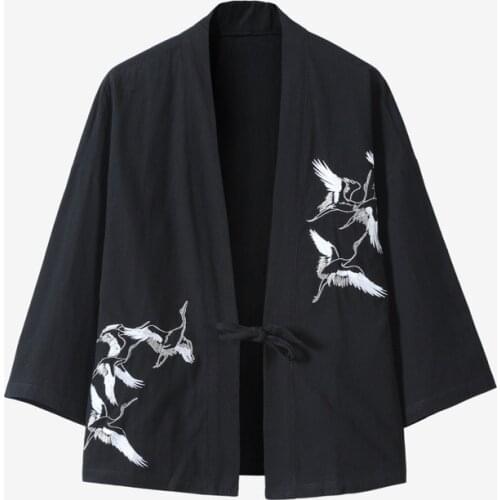 Japanese Style Kimono Robes Traditional Crane Print Haori Cardigan Asian Clothes Samurai Yukata Men Jackets Hip Hop Streetwear