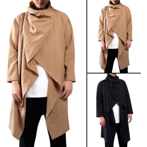 Chinese Vintage Men Trench Coat Cotton Long Sleeve Scarf Collar Hip-hop Jacket Coats Men Cloak Outerwear Punk Style Streetwear