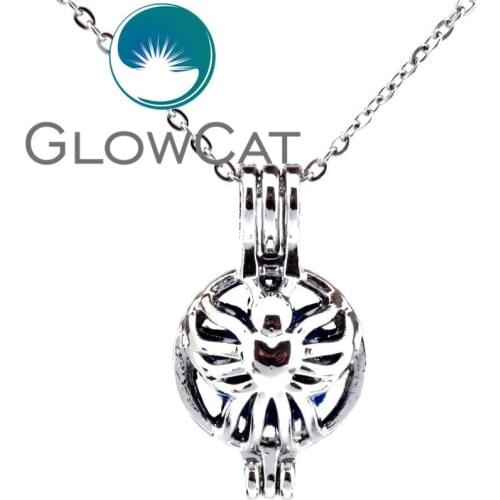 KK532 Butterfly Round Beads Cage Essential Oil Diffuser Oyster Pearl Locket Pendant 18'' Stainless Necklace