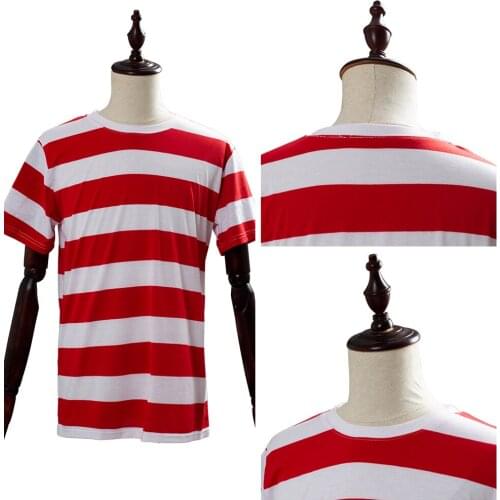 Wheres Waldo Now Cosplay Costume Red&White Stripes Men T Shirt Sweater+Hat+Glasses Men Male Christmas Party Fancy Wear