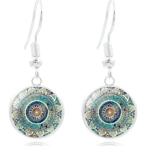 Mandala Picture Circular Pendant Earrings Flower Yoga Om Symbol Zen Buddhism Glass Dome Jewelry Womens Anniversary Gift