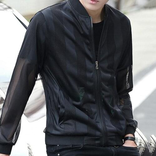 Oversize Men Jacket Solid Color Long Sleeve Stand Collar Breathable Super Thin Hollow Sunscreen Coat Streetwear chaquetas hombre