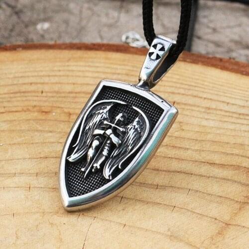 Lanseis 10pcs stainless steel men necklace Archangel St.Michael Protect Me Saint Shield Protection pendant jewelry