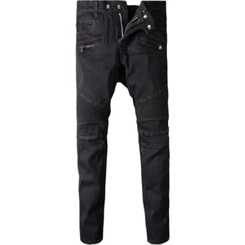 European American Street Style Fashion Men Jeans Black Color Slim Fit Spliced Designer Biker Jeans Men Hip Hop Denim Punk Pants