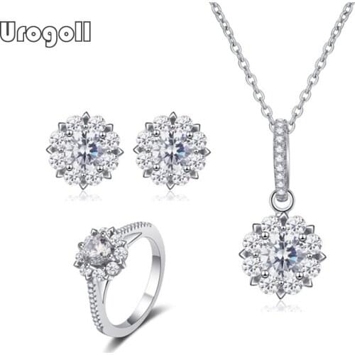 Fashion 925 Sterling Silver Bridal Jewelry Sets Flower Zircon Necklace Earrings Ring Rhinestone Accessories For Women Girl Party