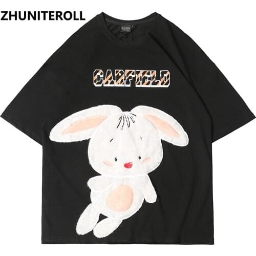 Harajuku 2021 Men T Shirt Embroidery Cute Rabbit T-shirts Hip Hop Summer Fashion Cotton Short Sleeve Couple Tops Tee Clothing