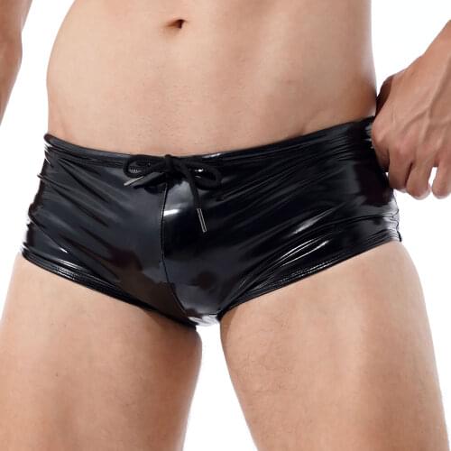 Men Wet Look Swimming Trunks Low Rise Drawstring Boxer Shorts Skinny Glossy Hot Pants Summer Fashion Sissy Beachwear Swimwear