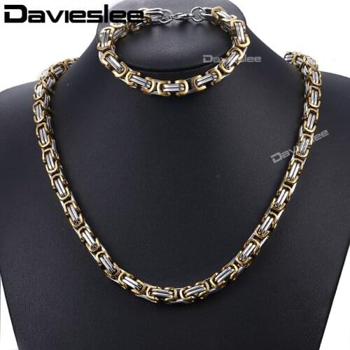 Mens Stainless Steel Bracelet Necklace Set Gold Silver Color Byzantine Box Chain Jewelry Sets Wholesale Jewelry 8mm DKS03