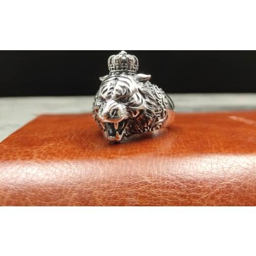 925Sterling silver tiger head mens trendy mouth adjustable size hip-hop personality domineering