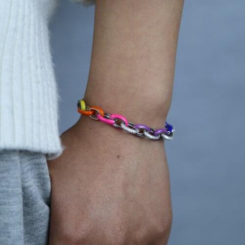 2021 New Design Hip Hop Rainbow Oval Chain Shape Bracelet&Bangle Neon Enamel Sparking Cz Jewelry For Girls Chic Valentines Gift