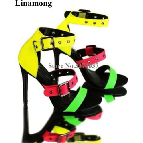 Girls Charming Mixed-colors Straps Stiletto Heel Gladiator Sandals Patchwork Buckles Decorated High Heel Sandals Dress Heels