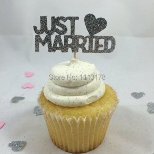Silver Glitter just married Cupcake Toppers.wedding party bridal shower Cupcake topper Decor. Birthday wedding party cake topper