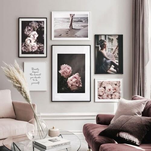 Modern Pink Peony Floral Girl Footprints Canvas Painting Wall Art Pictures Poster Print Interior Living Room Home Decor No Frame