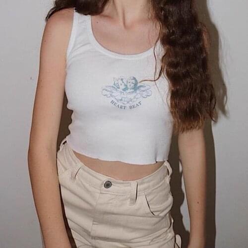 White Tank Top Women Summer Cyber Y2k Ribbed Fairy Grunge Sleeveless Crop Top Baby Tee Y2k Aesthetic Printing Cami Top Vest
