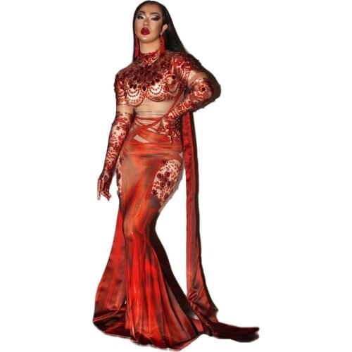 Vintage Printed Red Rhinestones Floor-length Mermaid Long Dress Women Sexy Nightclub Costumes Birthday Celebrate Party Dresses