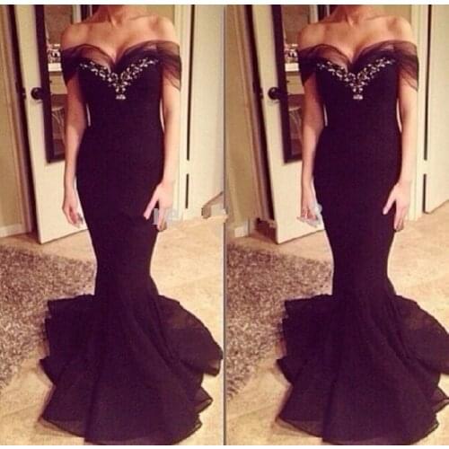 Vestidos para festa 2018 Arrival Sexy Off the Shoulder Black Organza Mermaid V-Neck Beaded Long Prom gown bridesmaid dresses