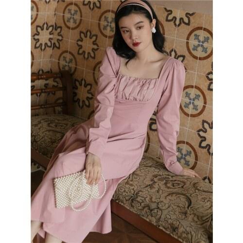 Lady French Princess Dress Robe Femme Square Collar Pleated Elegant Chic Long Sleeve Retro Dresses Y2K Women Clothing 2021 Fall