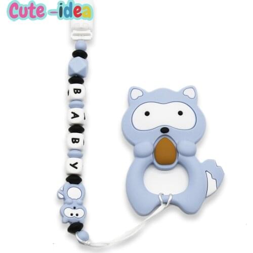Cute-idea 1set Silicone Raccoon Beads Cartoon Animal Pacifier Chain Handmade Baby Personalized Name Teething Nursing chains Toys