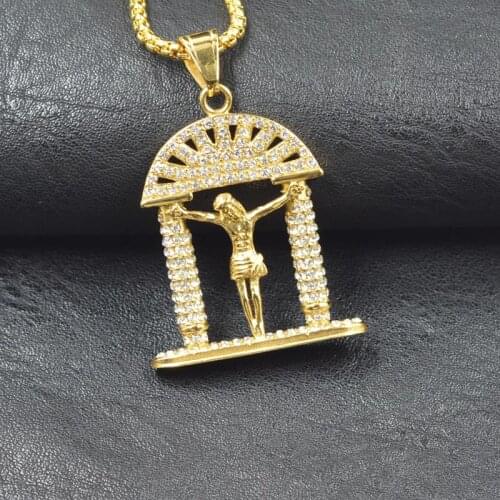 2 color Mens CZ Door Jesus Crucifix Pendant Necklace in Golden Stainless Steel Religious Hip Hop Male Jewelry