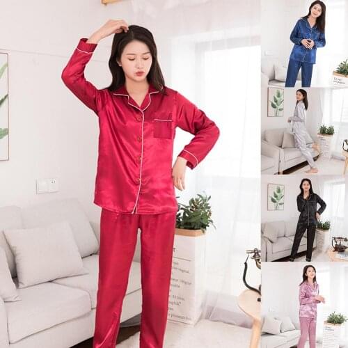 2020 Newest Women Silk Satin Pajamas Set Couples Solid Color Long Sleeve Sleepwear Suit Plus Size 2XL