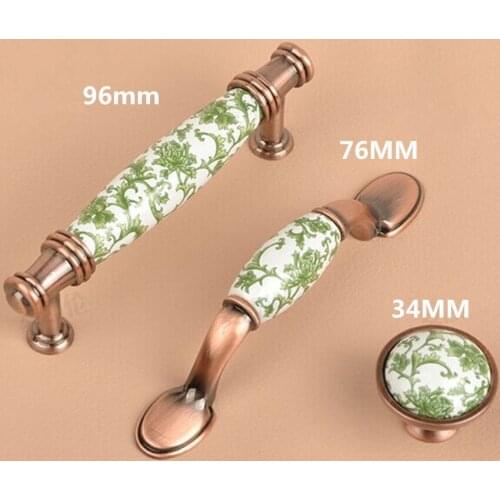 96mm Europe style white and green porcelain furniture handle red bronze cabinet drawer pull knob antique copper dresser handle