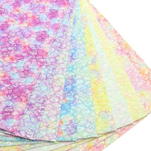 Shimmer Chunky Glitter Faux Leather Sheets Lace Covered Heart Rainbow Color Synthetic Leather Fabric 20x33cm for DIY Garments