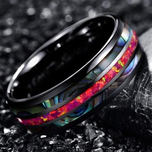 Black 8mm Stainless Steel Fill Red Fire Imitation Opal Rainbow Abalone Shell Inlay Ring Best Gifts for Men Wedding Bands Jewelry
