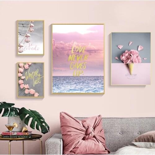 Nordic Room Decoration Pink peony Rose Ice Cream Ferris Wheel Wall Art Poster and Print Canvas Painting for Living Room