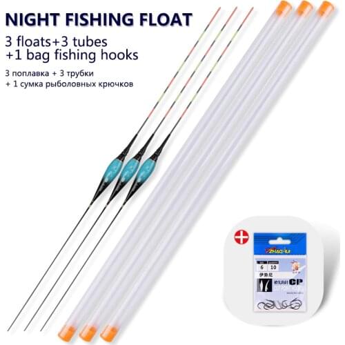 3Pieces Electric Fishing Float+3Float Tubes+1Bag Hooks Nano Night Luminous Boya River Lake Buoy Carp Fishing Tackle Accessories
