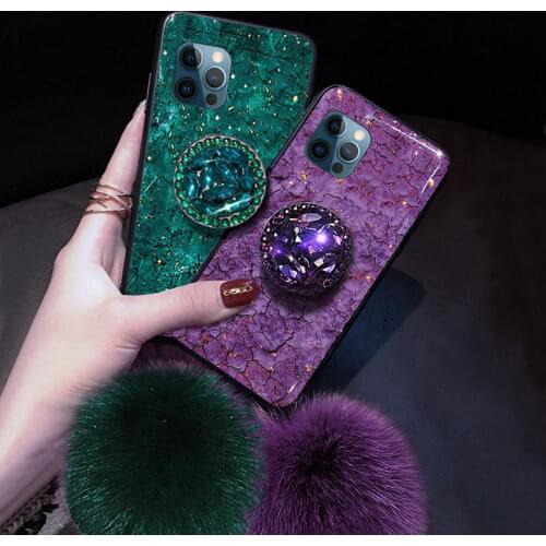 Luxury Stone Grain Epoxy Protective Cover Plush Ball Crystal Holder Womens Mobile Phone Case for IPhone12Pro Max Anti-Drop Case