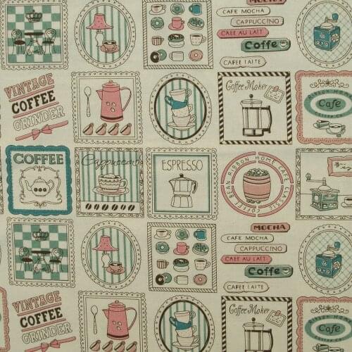 Cotton Linen Fabric for sewing pathwork, bedding - Vintage Coffee Grinder (pink) (width=140cm)