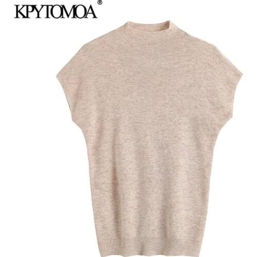 KPYTOMOA Women 2021 Fashion Soft Touch Loose Knitted Vest Sweater Vintage High Neck Sleeveless Female Waistcoat Chic Tops
