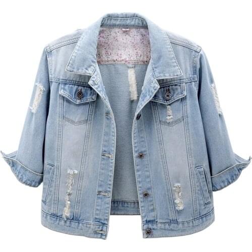 Spring Summer Fashion Short Denim Coat Women Korean Plus Size Loose Seven points sleeve Hole Jeans Jacket Ladies Outerwear H1535