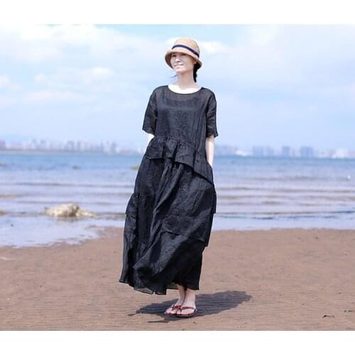 Summer 2020 artistic black light Ramie round collar lotus leaf lace loose dress robe 0614