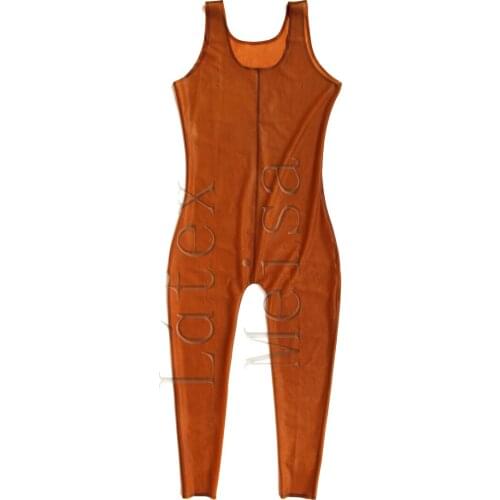 Transparent brown tight suit mens sleeveless body suit made of 0.4mm thickness natural latex materials