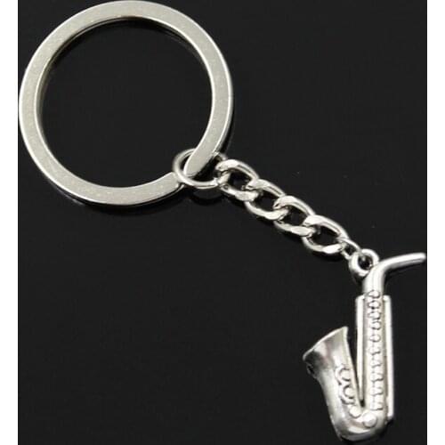 New Fashion Men 30mm Keychain DIY Metal Holder Chain Vintage Horn Saxophone 26x21mm Silver Color Pendant Gift
