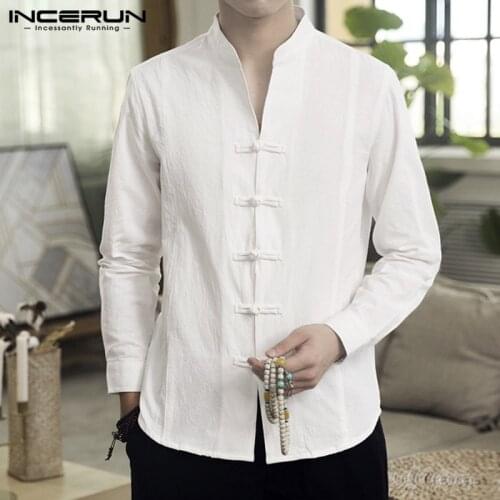 INCERUN Men Casual Shirt Solid Retro Button Stand Collar Tops Cotton Linen Long Sleeve Chinese Traditional Shirts Men Streetwear