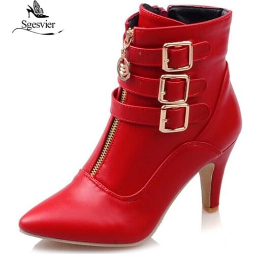 Sgesvier Shoes Women Boots Autumn High Heels Ankle Boots Pointed Toe Buckle Martin Boots Zip Ladies Shoes White Big Size OX538