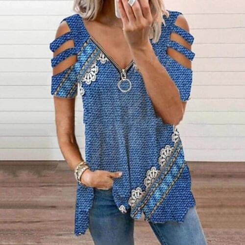 Summer Womens Tops V Neck Print Short Sleeve T Shirts Hollow Zipper Loose Top T-shirt Casual Ladies Pullover Oversized Blusas