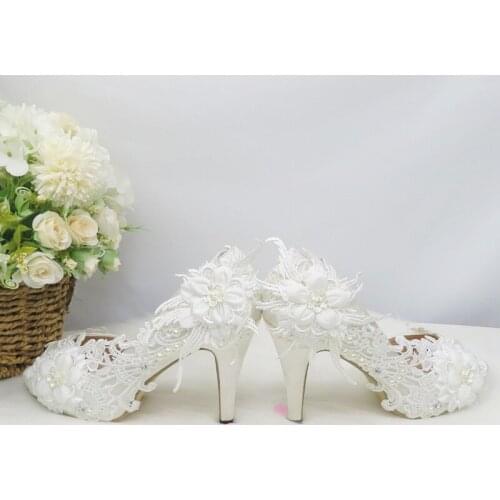 BaoYaFang Open Toe White Lace flower shoes woman High heels Pumps Women wedding shoes Peep Toe fashion shoes Thin Heel Pumps
