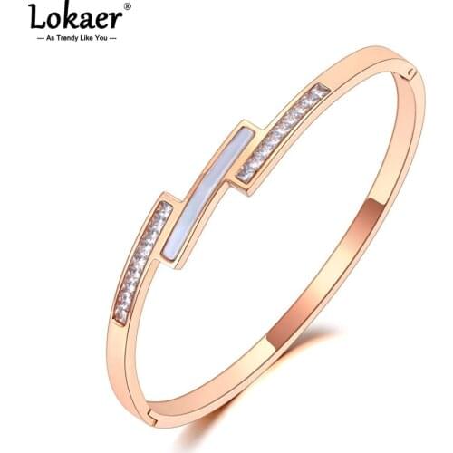 Lokaer Titanium Stainless Steel White Shell Bangles Bracelets For Women Fashion CZ Crystal Cuff Bangle Bracelet Jewelry B21012