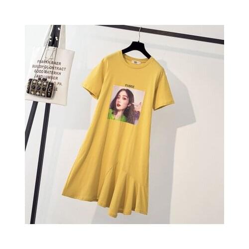 Summer Womens Large Size Cotton Loose Dresses Short-sleeved Round Neck Short Figure Printing Irregular Lotus Leaf Trend Dress