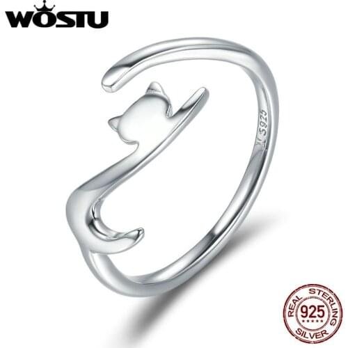 WOSTU 925 Sterling Silver Sticky Cat with Long Tail Finger Ring For Women Adjustable S925 Silver Ring Jewelry Gift CQR220