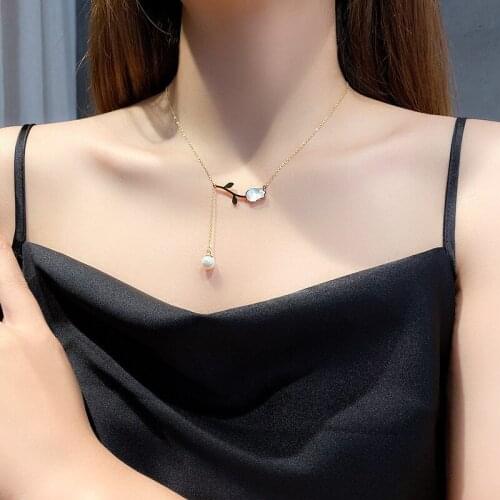 TIMEONLY Korean Style Tulip Simulation Pearls Pendant Neckalces for Women Girls Tassel Titanium Steel Necklace Delicate Jewelry