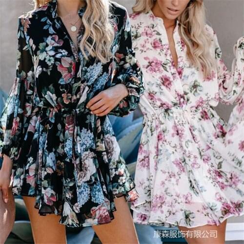 Women Summer Floral Dress Elegant Long Sleeve Tunic Dresses Boho V-Neck Button Ruffles Flowy Chiffon Dresses Woman 2021 Vestidos